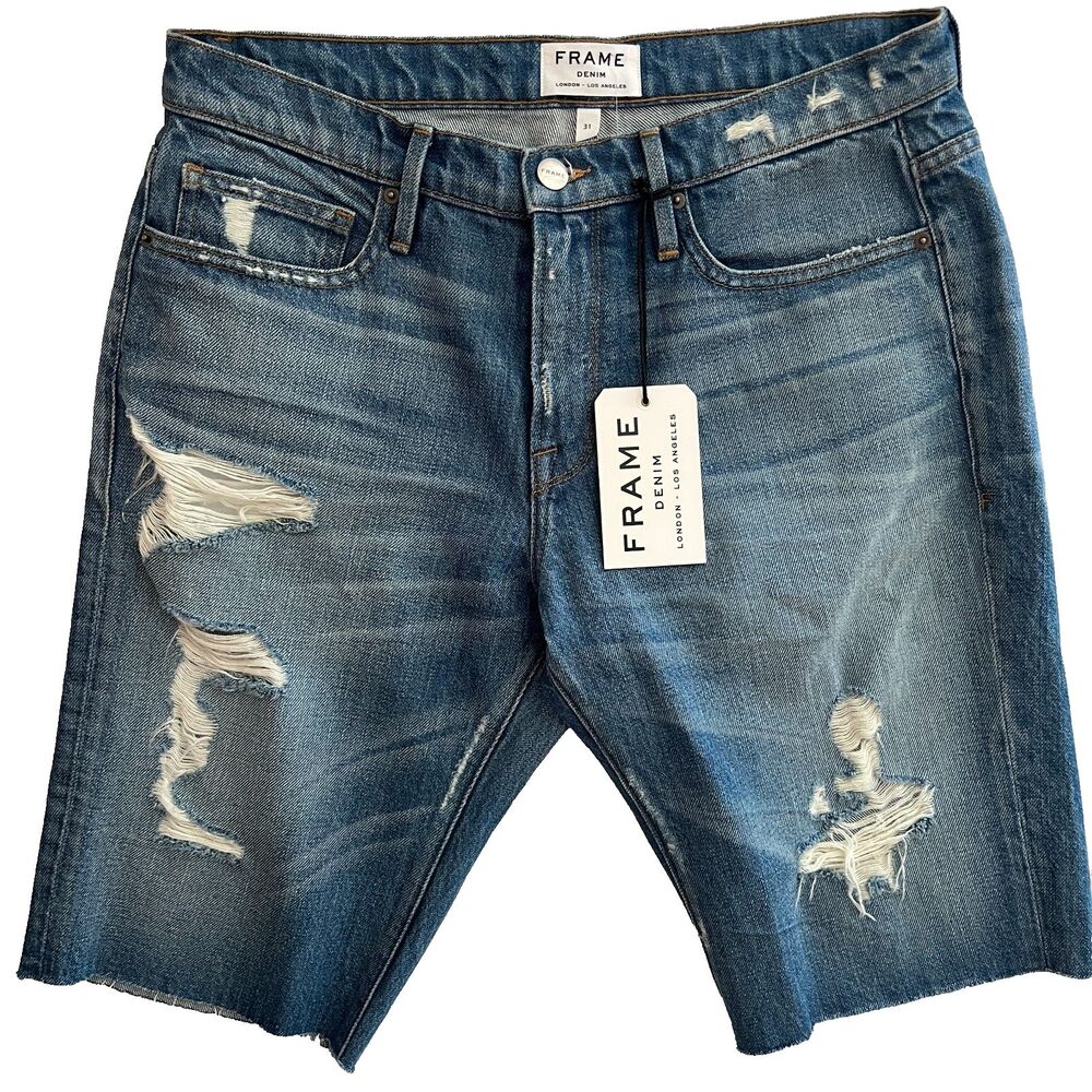 FRAME Mens L'homme Cut Off Shorts 31 Denim Frayed Hem Distressed Hewitt NWT